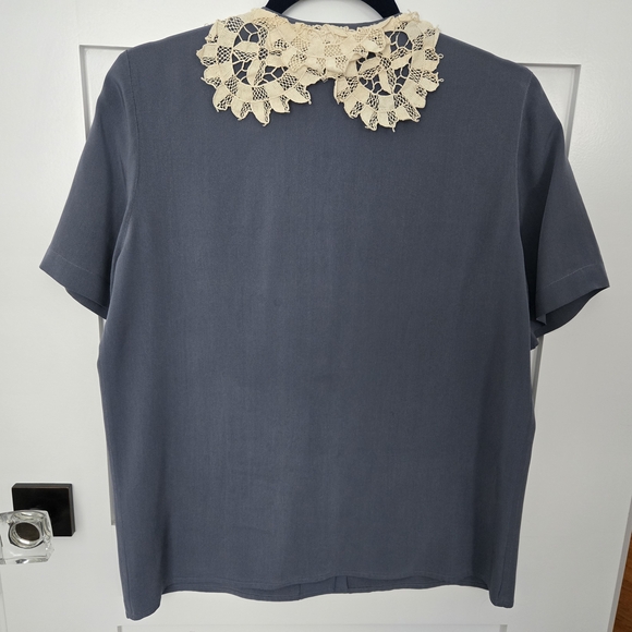 Vintage Preview Collection Blue/Grey Blouse with Cream Lace Collar 100% Silk - Picture 6 of 11